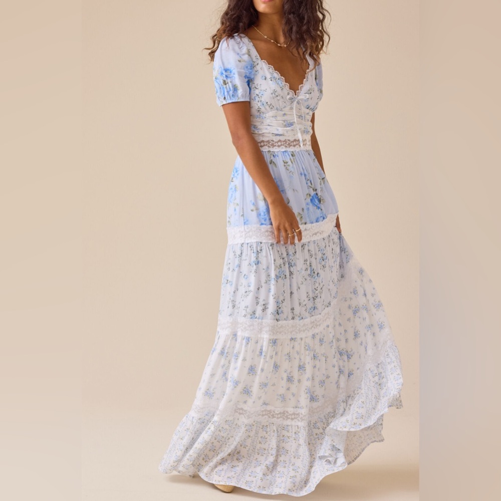 Altar’d State Hanna Floral Maxi Dress, Size Small, Blue/White